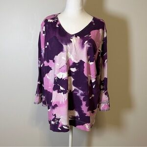 Chico's Women’s Size 4(XXL) Elegant Purple Pink cream Top 3/4 bell fringe sleeve